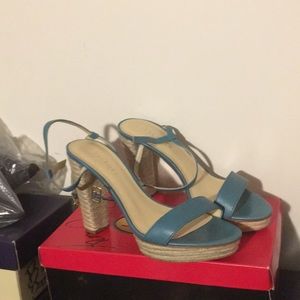 Sky blue platform heels sandals leather